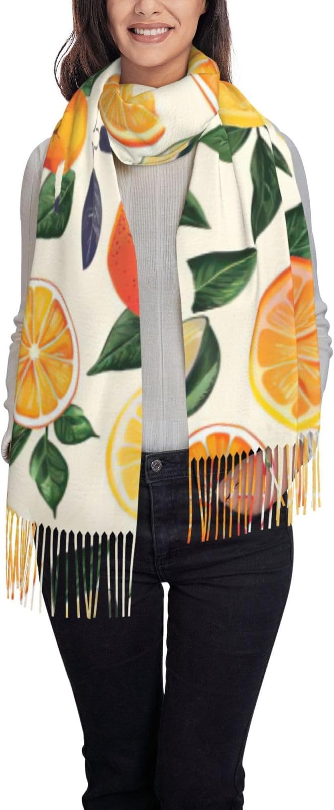 Citrus Fruit Pattern Print Fashion Fringed Scarves Soft Feeling Lightweight To Any Outfit All Seasons Clothing Accessory