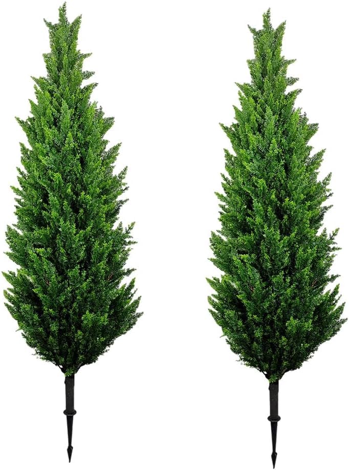 Artificial Cypress Tree with Ground Spikes, 40 Inch Outdoor Faux Fake Plants, UV Resistant Cedar Fake Conifer Tree, Indoor Outdoor Home Garden Porch Decoration (2 Pack)
