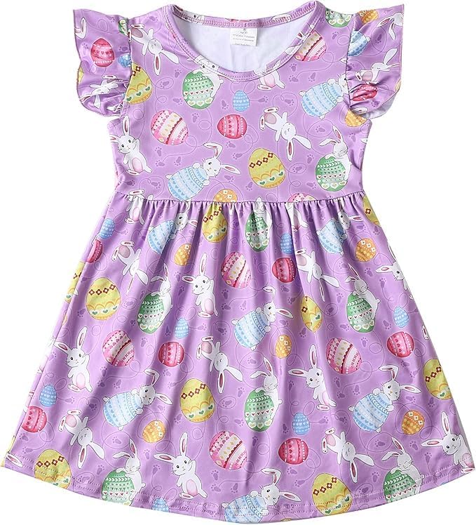 Easter Toddler Girls Dress Bunny Eggs Print Dresses Flutter Sleeve Clothes 3-8Y - Image 2