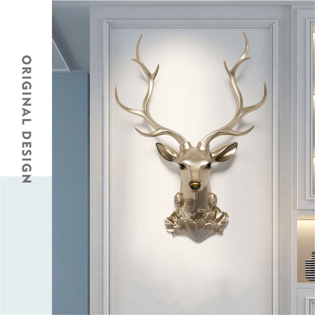 Testa di Cervo di Loto Dorato, Scultura da Parete con Testa di Animale 3D a Parete, Simulazione Domestica Decorazione Testa di Cervo Artigianato in Resina