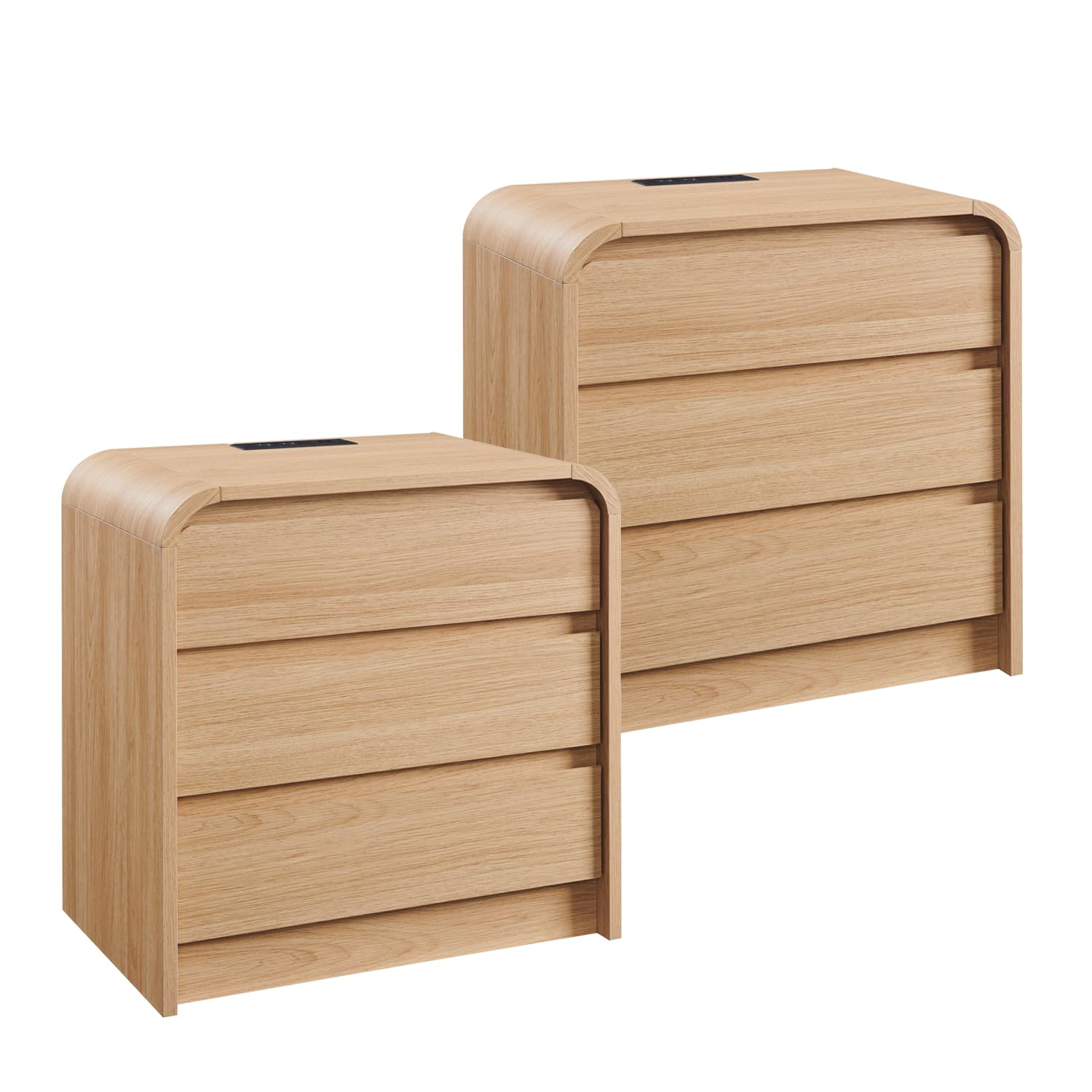 Aitjunz 25" Tall Modern Nightstand Set of 2, 23.6" Wide Wood Bedside Table with Charging Station, 3 Storage Drawers Side Table w/Curved Profile Design