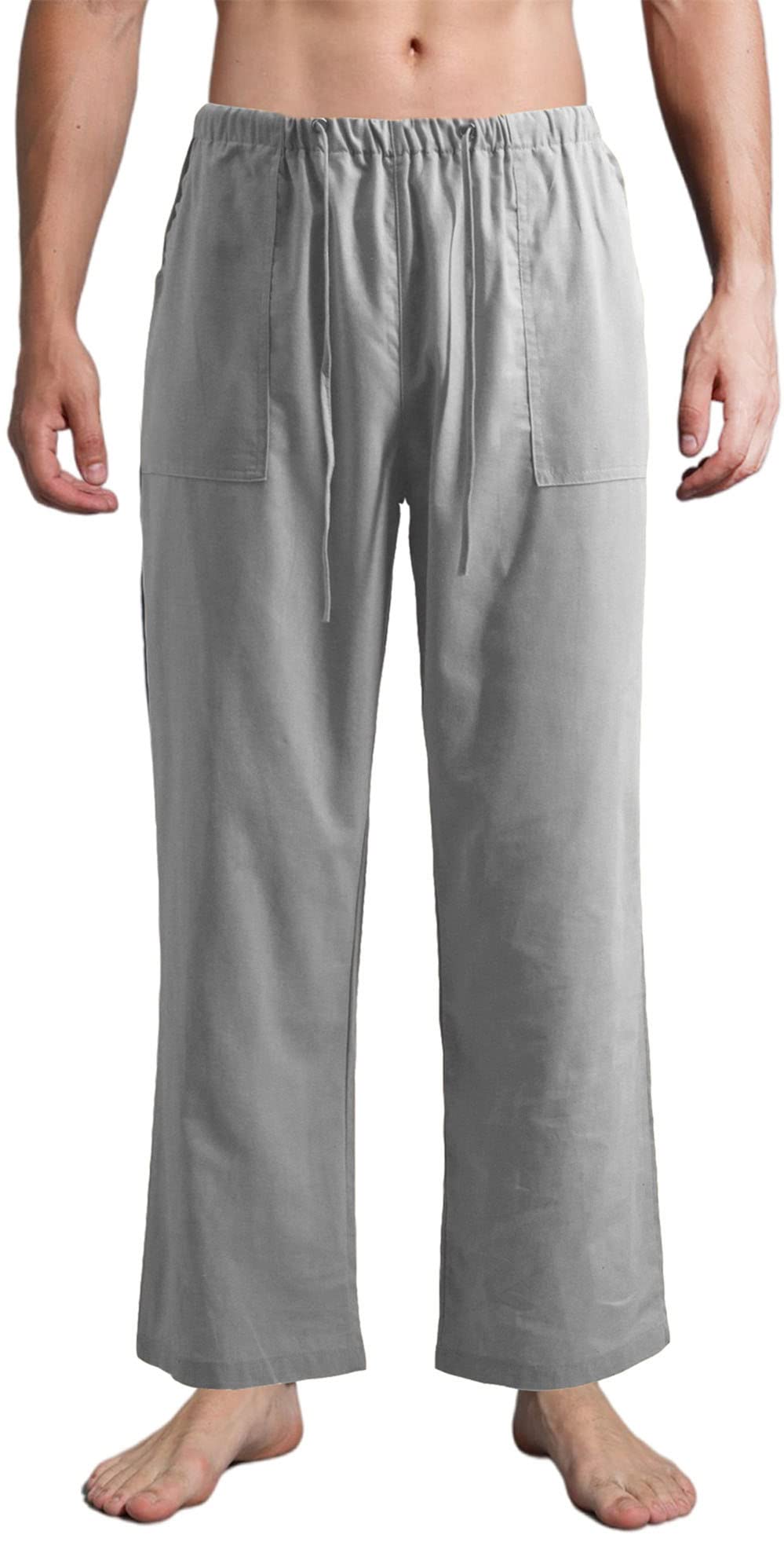 perdontooMens Cotton Linen Drawstring Pants Elastic Waist Casual Yoga Pants