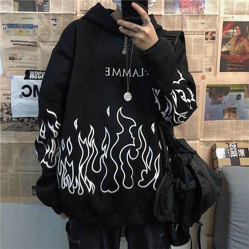 Y2k Unisex Flame Print Hoodies Casual Oversized Long Sleeve Pullovers Tops Harajuku Loose Sweatshirt for Women and Men3