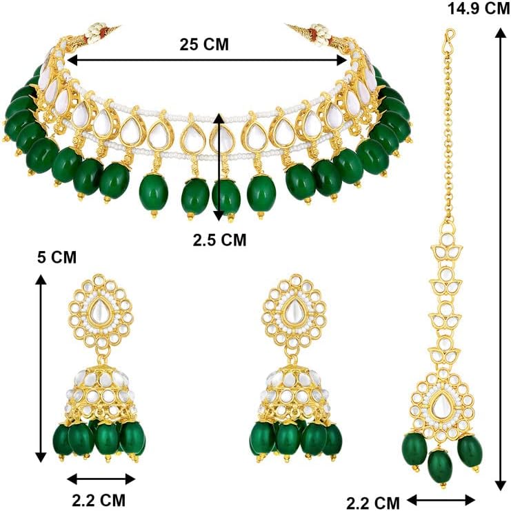 Aheli Kundan Studded Choker Necklace Jhumki Earrings & Maang Tikka Ethnic Fashion Bharatanatyam jewellery set Gift for Women - Image 3