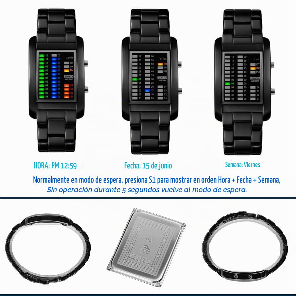 Fashion Unico Binario Relojes de Pulsera Unisex 50M Impermeable Fecha Multicolor LED Luz Outdoor Deportivo Digitales Electrónica Rectangular Acero Inoxidable Reloj, Negro