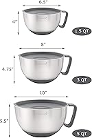 Vista 2 de Juego de tazones mezcladores Rorence: tazones de acero inoxidable antideslizantes con boquilla de vertido, mango y tapa - Juego de 3 - Gris