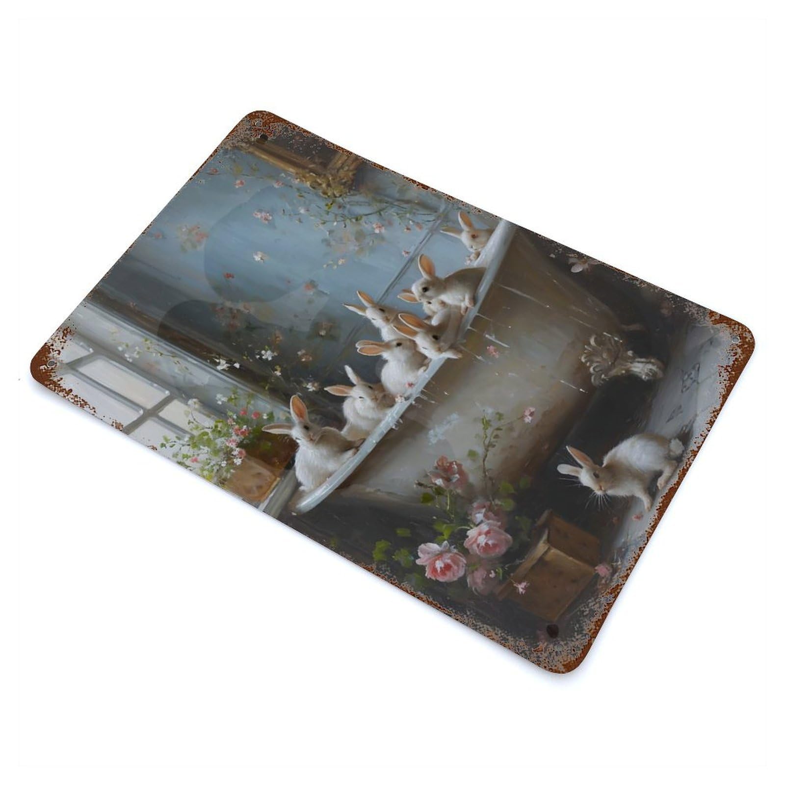 Rust Effect Bunnies in A Bathtub Aged Metal Wall Plaque 11.8"x7.9", Rustic Home Decor for Bistro, Counter And Cafe Decor