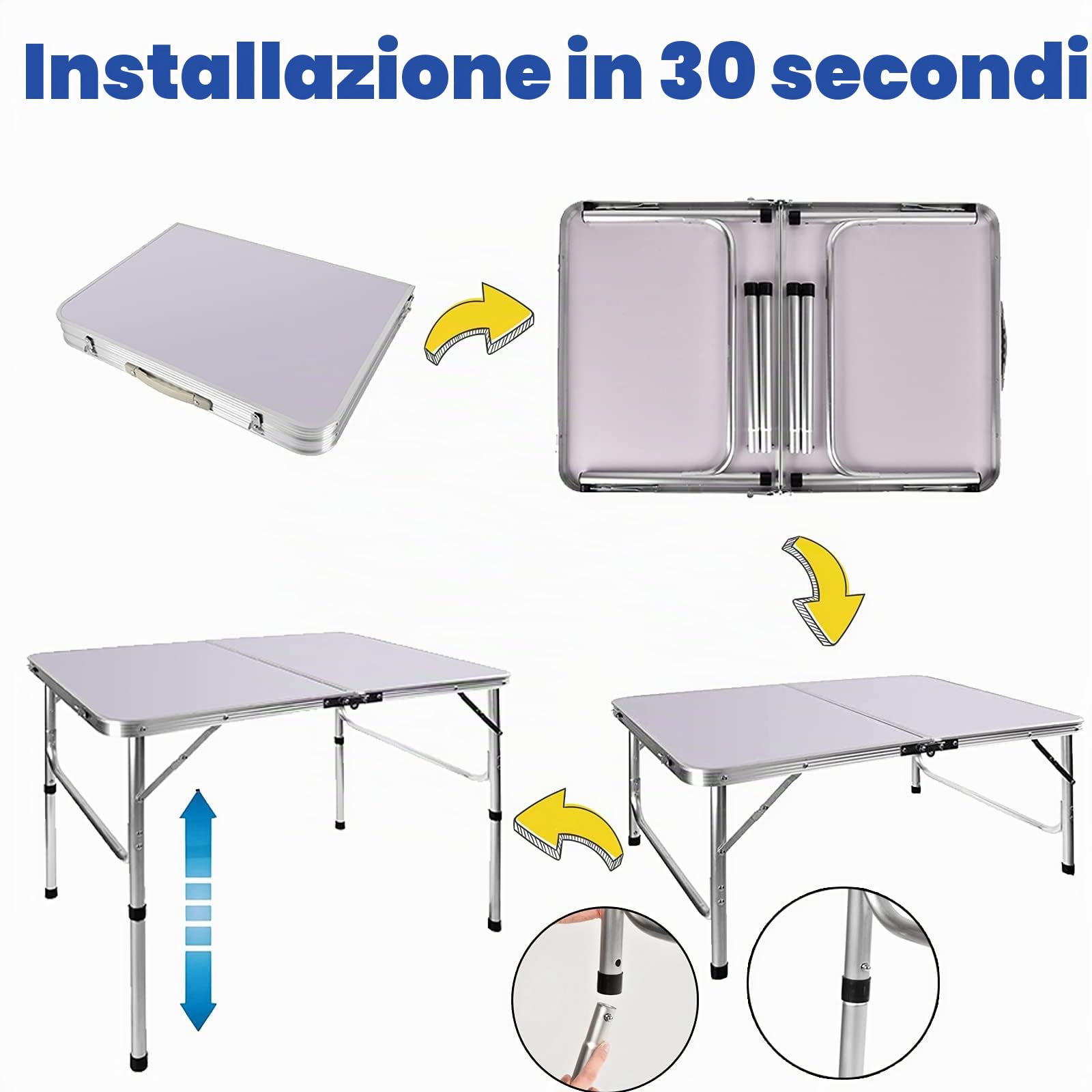 Tavolo pieghevole da picnic, 90 cm, in alluminio resistente, portatile, regolabile in altezza, leggero, per campeggio, con maniglia per il trasporto, per cucina, cena, catering, buffet e giardino (90