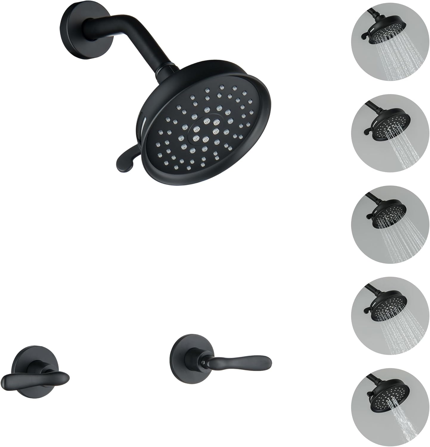 2 Handle Shower Faucet Set with 5 Setting Rainfall Showerhead Shower Faucet Set 2 Knobs, Matte Black shower head