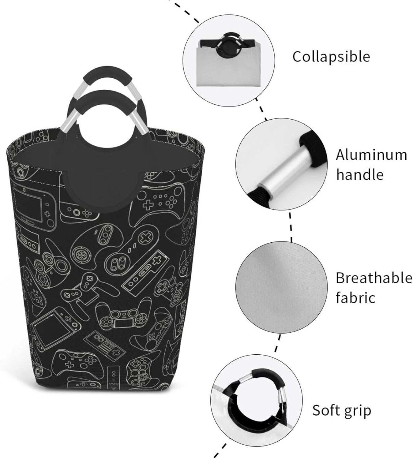 Video Game Controller Background Large Laundry Hamper Bag With Waterproof Liner - Gaming Gadgets Laundry Basket Foldable Clothes Storage Organizer For Bathroom Bedroom Nursery Dorm