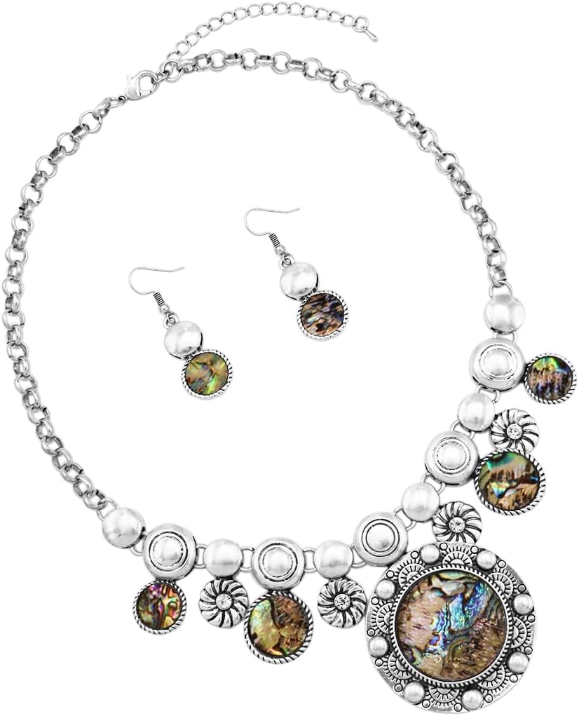 Rosemarie Collections Women's Western Style Cowgirl Chic Concho Medallion With Natural Howlite Stones Necklace Earrings Set, 16"+3" Extension