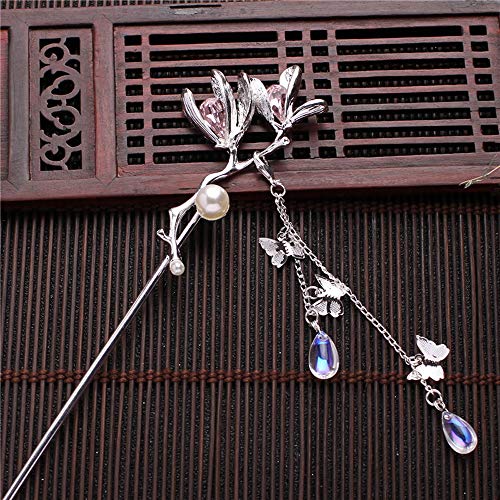 WUSIO Rhinestone Pearl Flower Hair Stick Chinese Hair Chopsticks Vintage Tassel Hair Pin Chignon Pin Chopsticks Hair Styling Hair Making Accessories(D)