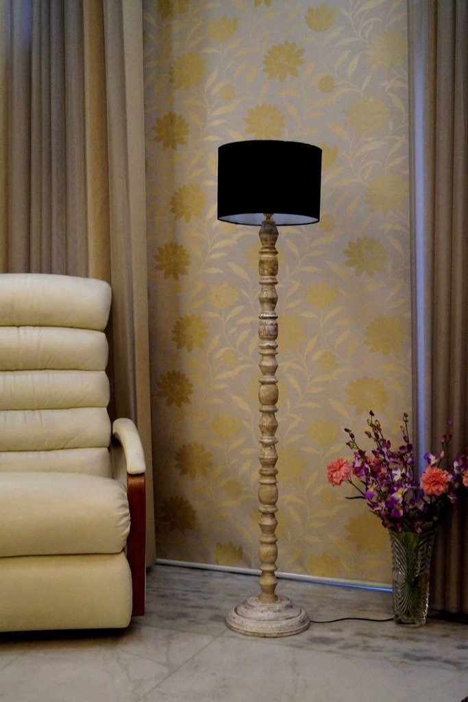 tu casa Classic White Mango Wood Floor LAMP with Shade-Drum-Color -BLK-picture-12