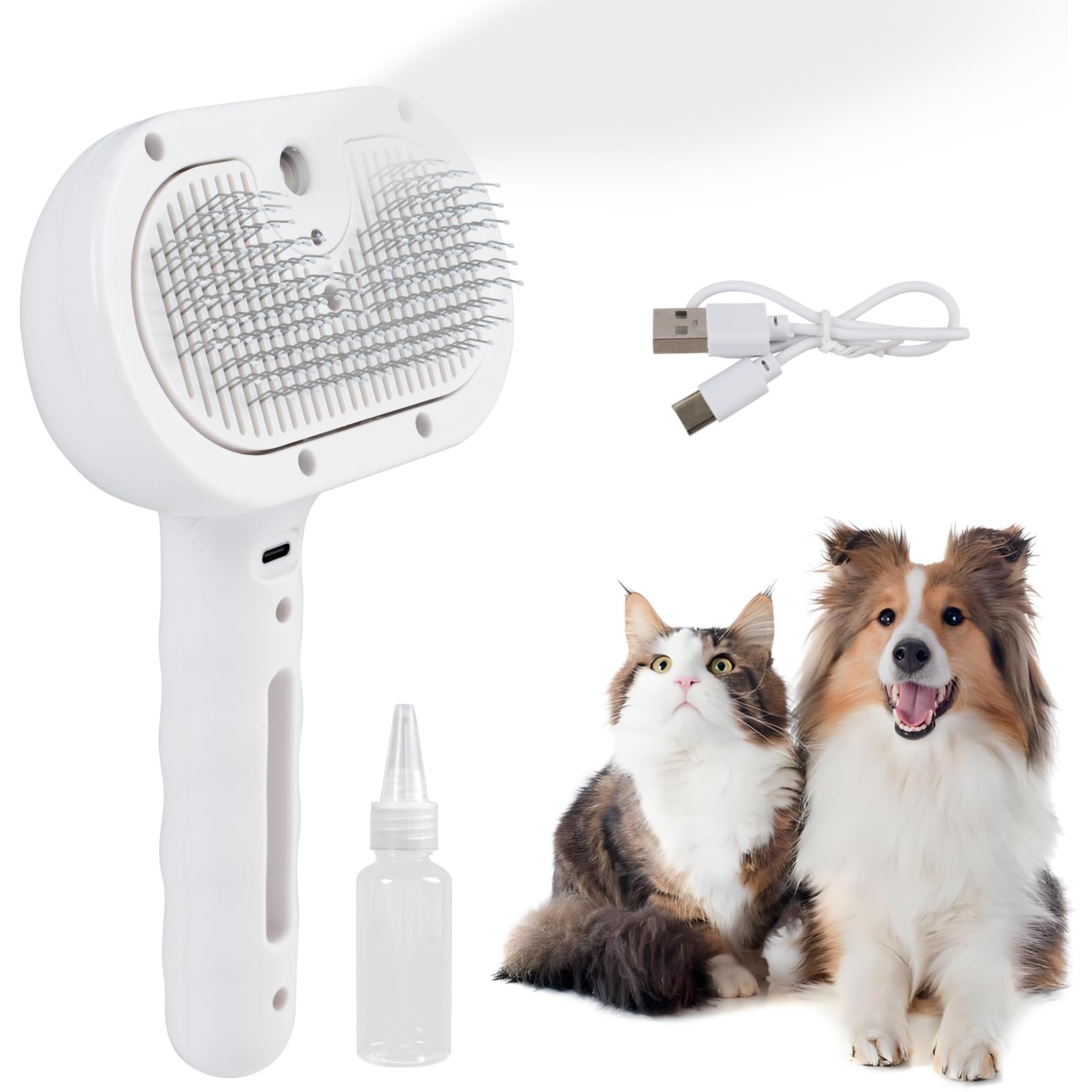 Cepillo Vapor Para Perros y Gatos, Cepillo Vapor Para Mascotas, 3 en 1, Limpia, Desenreda y da Masaje, Ideal para Pelo Largo y Hogares con Varias Mascotas (Blanco)