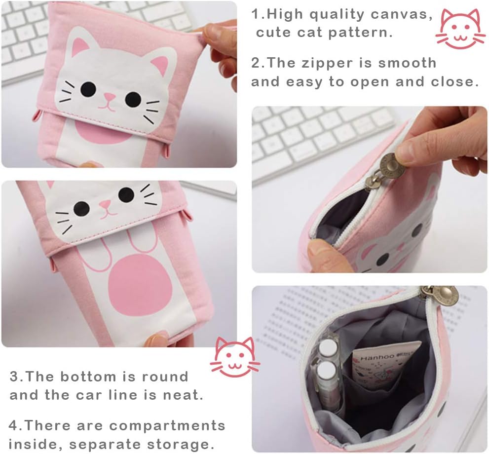 iSuperb Transformer Stand Store Pencil Holder Canvas+PU Cartoon Cute Cat Telescopic Pencil Pouch Bag Stationery Pen Case Box with Zipper Closure 7.5 x 4.9 x 3.0inch/4.1x 3.0inch : Office Products