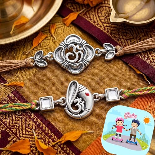 Image of CraftVatika Silver Rakhi for Brothers with Gift, Designer Om Ganesha Rakhi Combo Set of 2, Rakhis for Rakshabandhan, Raki with Fridge Magnet Gift, Best Wishes Card and Tillak Set, Premium Threads