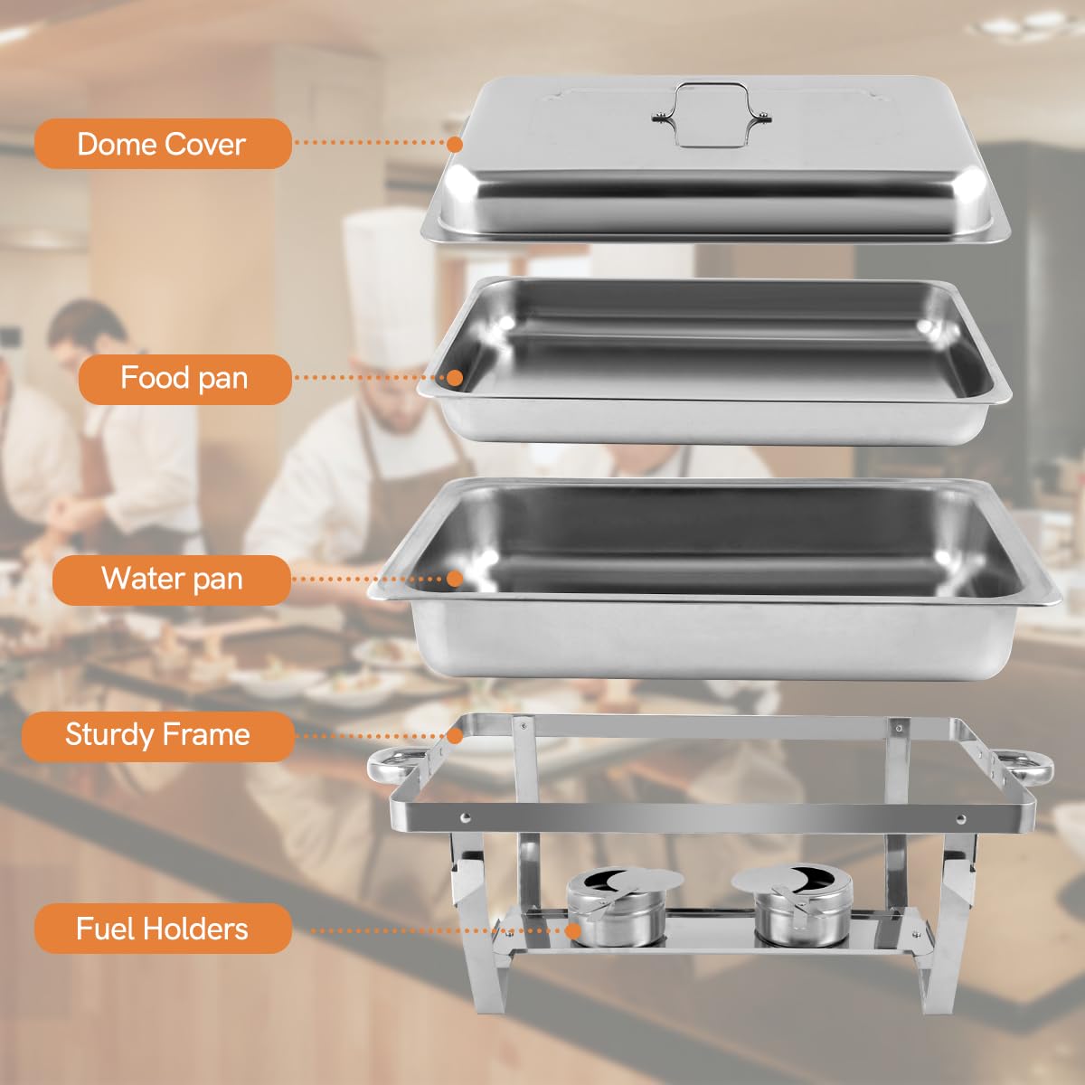 Scaldavivande per Buffet in Acciaio Inox, 9L Chafing Dish Catering Buffet Set con Pinze e Cucchiai per Party, Feste, Matrimoni, Banchetti (4 pezzi, 4 x GN 1/1)