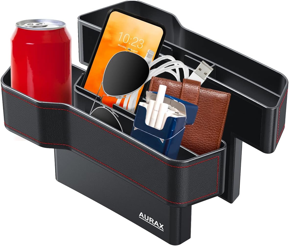 AURAX Car Seat Gap Filler Organizer 2 Pack Car Side Storage Box with Cup Holders Car Organizer Front Seat for Holding Phone, Sunglasses leather style driver seat passenger seat (red stitching)