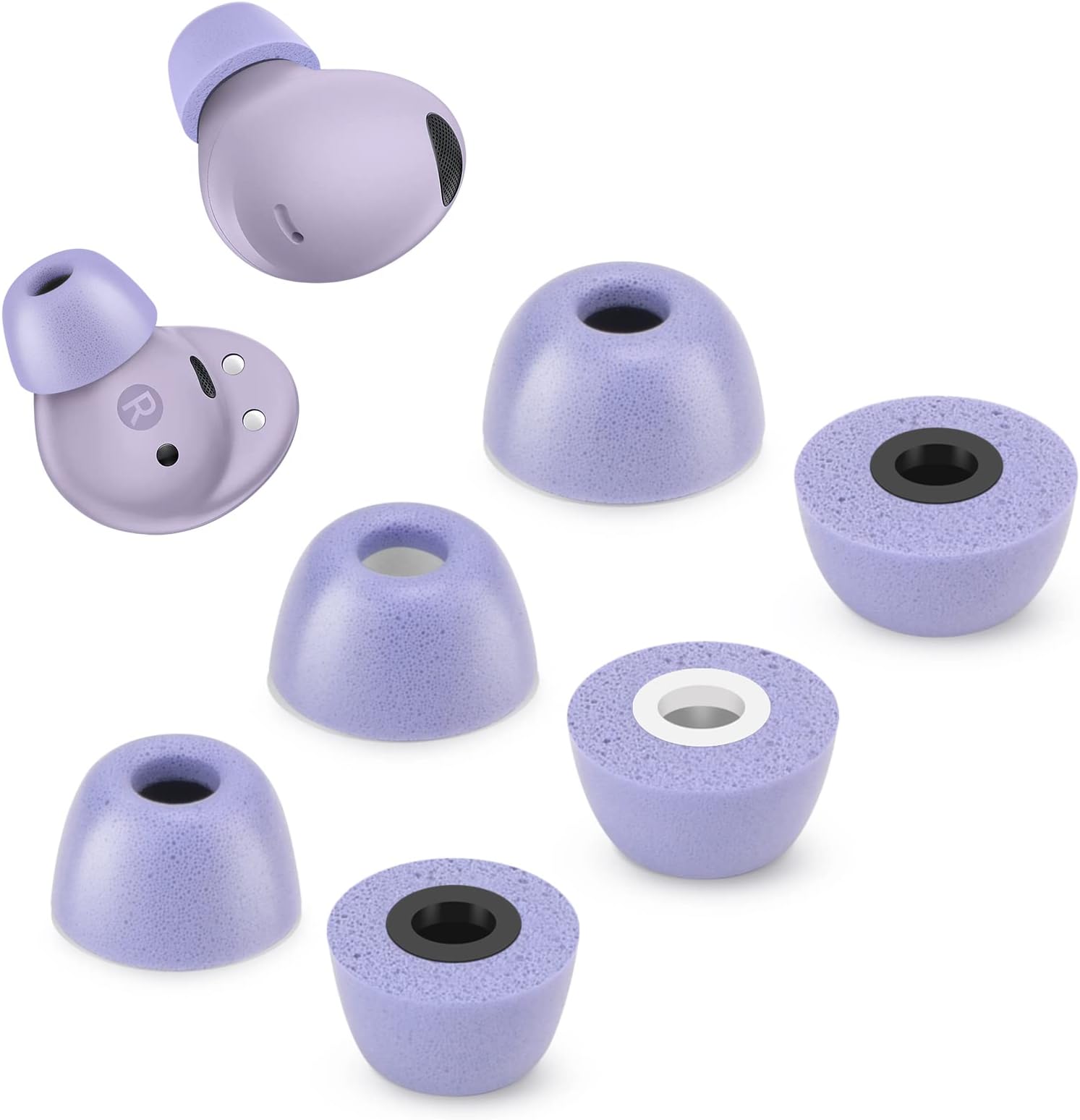 Memory Foam Tips for Samsung Galaxy Buds 2 Pro, No Silicone Eartips Pain, Anti-Slip Replacement Ear Tips, Fit in the Charging Case, Reducing Noise Earbuds, 3 Pairs (S/M/L, Violet)