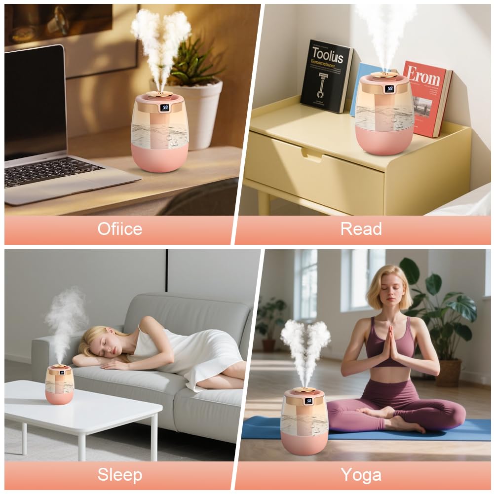 Humidificador 1.8L Silencioso para Bebes Doble Cámara con Pantalla de Humedad Inteligente Tres Modos Luz Nocturna UV USB Rosa