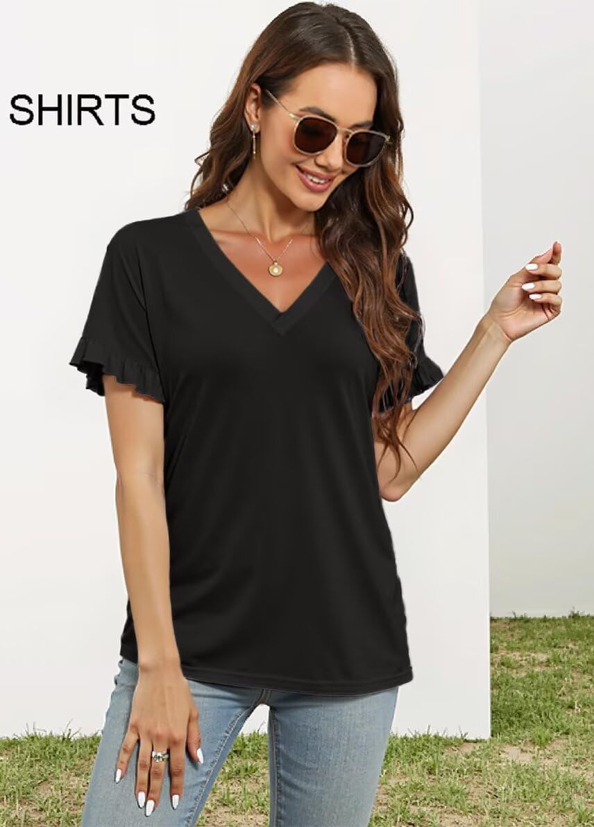 Valiamcep T Shirts Short Ruffle Sleeve V Neck Tees Womens Tops Beach Vacation 2026 Casual Summer Spring Outfits - Image 6