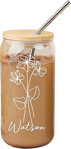 Tazas de café helado personalizadas con tapas y pajitas, vidrio colorido, nombre personalizado y vaso de flor de nacimiento para ella, amiga,