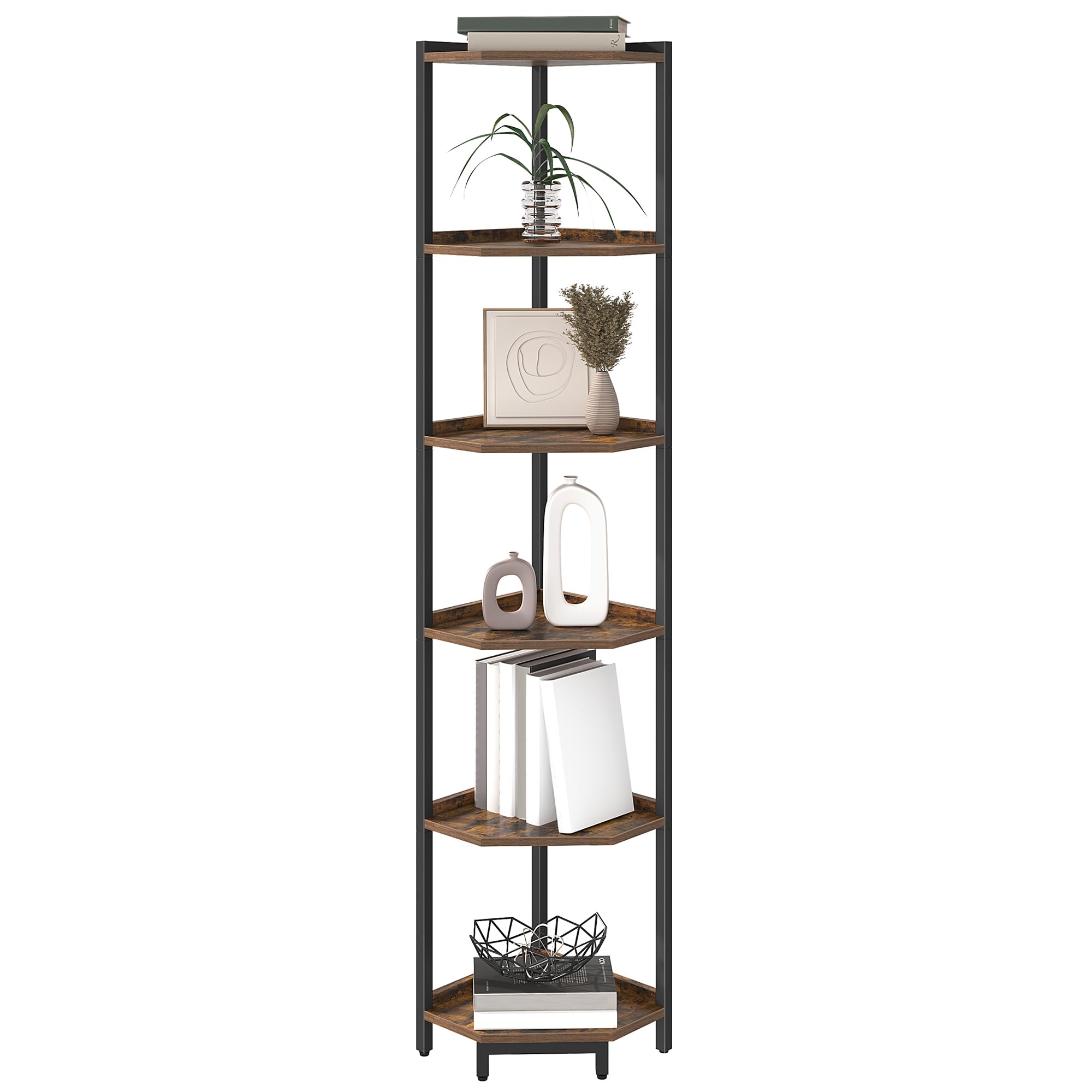 Hzuaneri Étagère d'angle, bibliothèque à 6 Niveaux, étagère autoportante, étagère de Rangement, bibliothèque d'angle, Convient pour Salon, Bureau et étude, 30 x 30 x 167,5 cm, Marron et Noir CS06001B