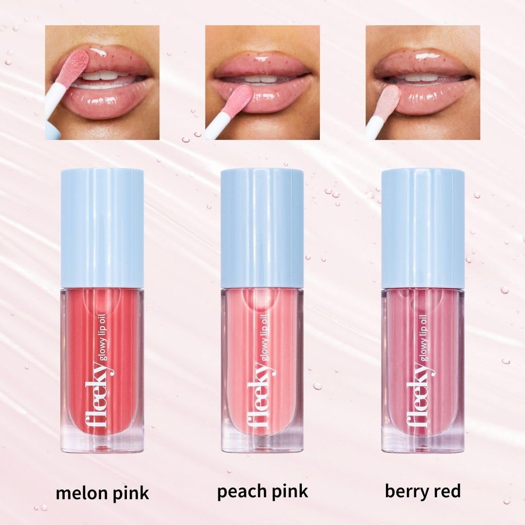 Fleeky Glowy Lip Oil – naturalny i pielęgnujący olejek do ust – pielęgnacja ust na cały dzień – lekki i niekleisty – melon Pink, Peach Pink, Berry Red (Berry Red)
