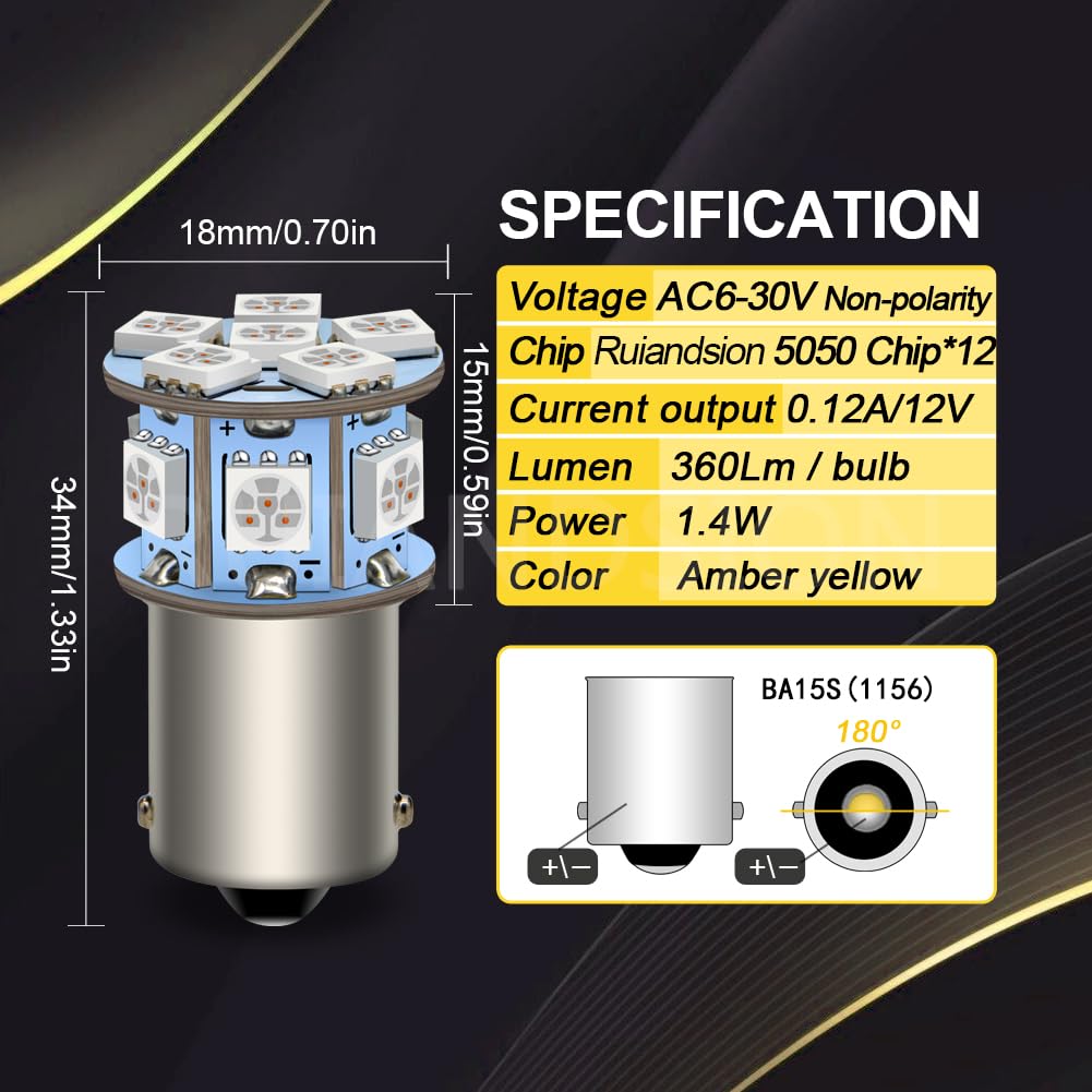 Ruiandsion 1156 BA15S P21W 7506 - Boczne światła LED AC6-30 V bez polaryzacji 5050 12SMD LED Chipsety Plug and Play żarówka LED w kolorze bursztynowym żółtym do świateł wstecznych światło migające