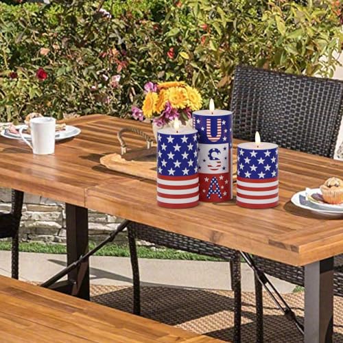 Image of Patriotic Flameless Pillar Candles Battery Operated with Remote Timer Plastic Realistic 3D Wick Outdoor Waterproof LED Flickering Candles 4th of July USA Flag Decor(3 Pack, 3 x 4,5,6 Inches)