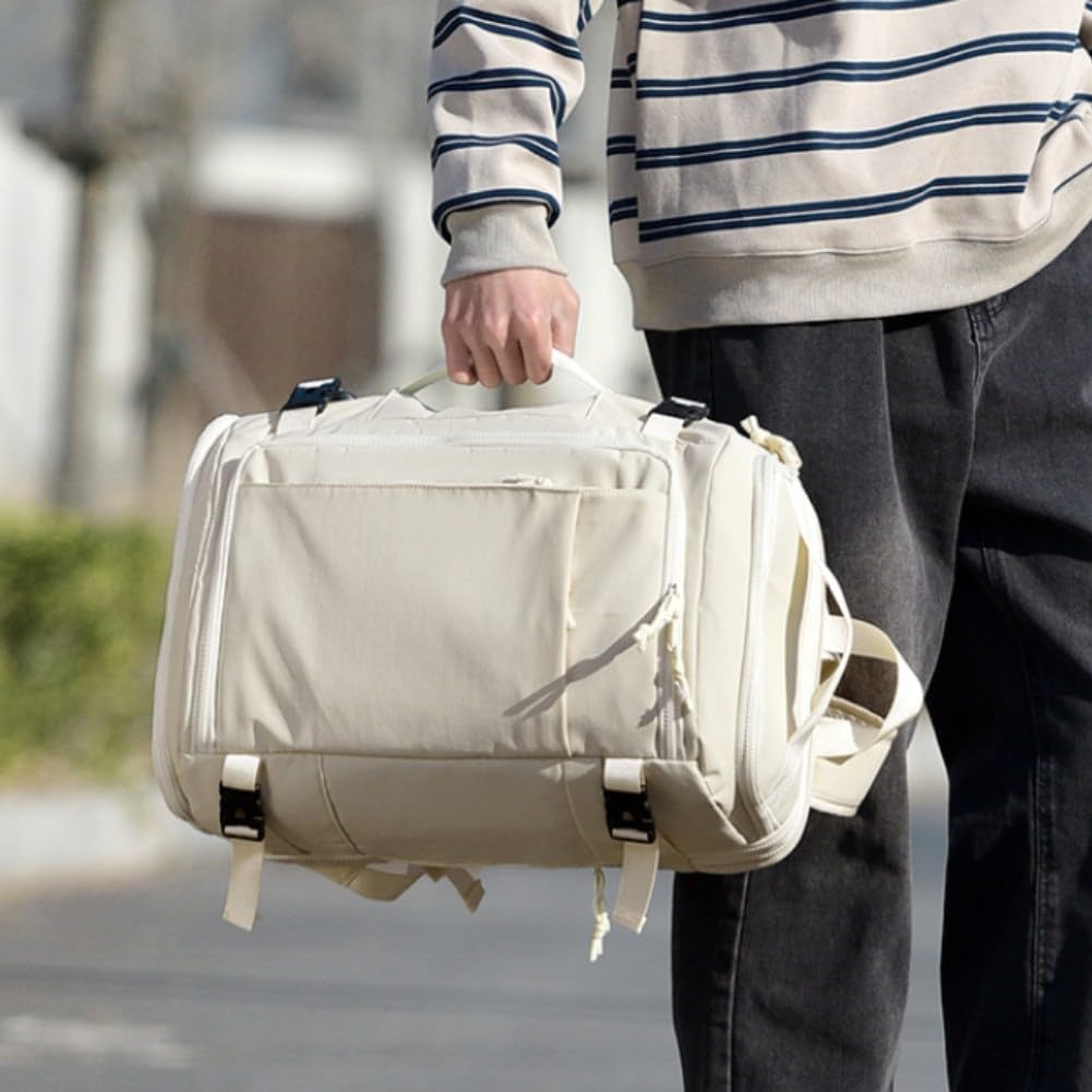 Mochila, 28-38L expandible, bolsa de senderismo para laptop con compartimento para zapatos y separación en seco húmedo, mochila de viaje Oxford ligera para gimnasio, camping, viajes (blanco)