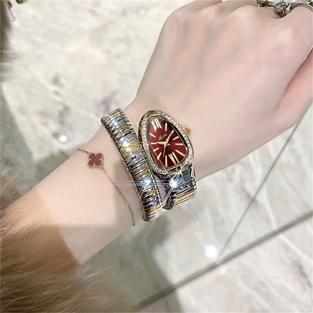 Klassische Damenuhr in Schlangenform, Gold und Silber, skalierbares Armband, Quarz-Uhren mit funkelnden Diamanten