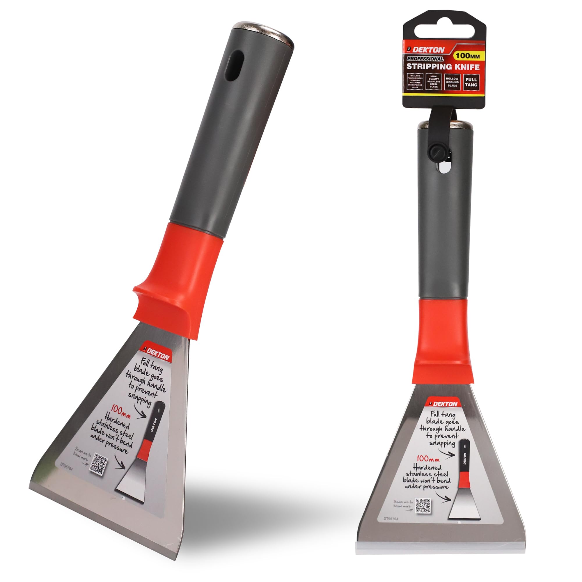 DEKTON Stripping Knife 100mm, 1.8mm - Stainless Steel Blade with Ergonomic Rubber Grip Handle for Filling Cracks, Scraping Wallpaper & Repairing Holes