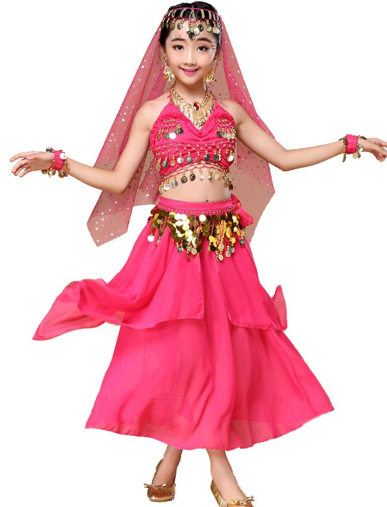 Astage Girl Indian Belly Dancing Clothes Halloween Dress All Sets Hotpink L