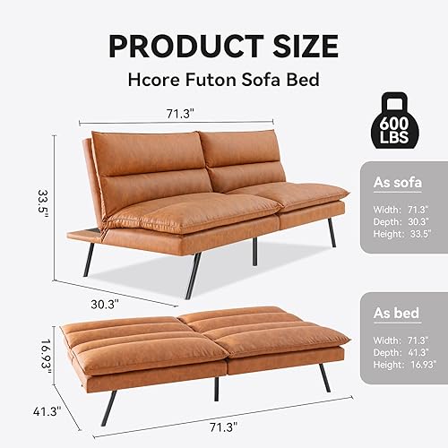 Miniatura 2 de Sofá cama tipo futón convertible, sofá biplaza de espuma viscoelástica de piel sintética marrón, pequeño sofá europeo para espacios de vida