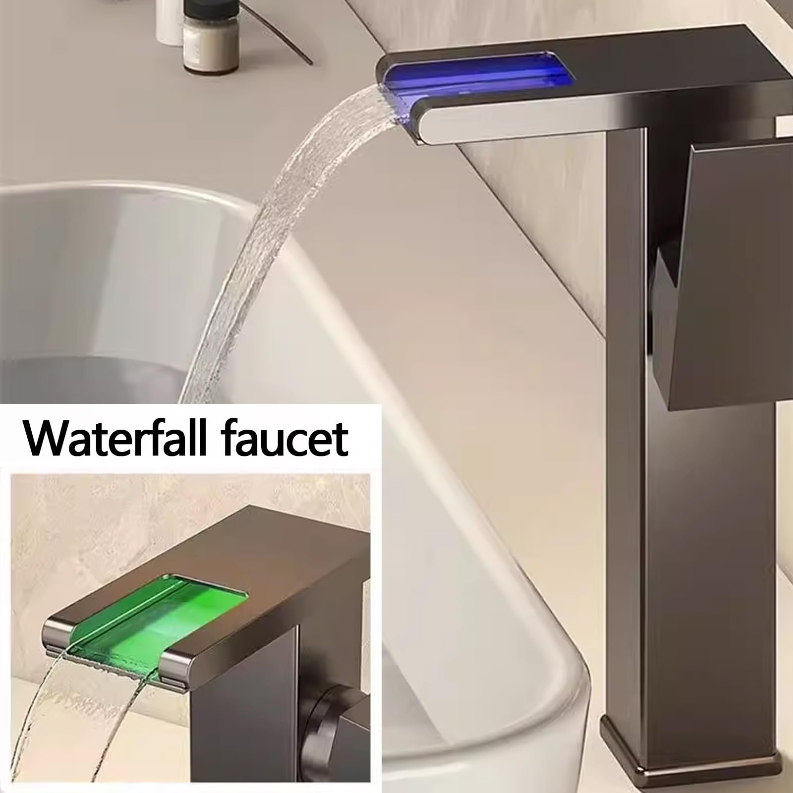 Rubinetto Bagno Lavabo Alto Cascata con Luce LED a Tre Colori Ottone | Miscelatore Lavabo Bagno Alto Quadrato Monocomando Energia Idroelettrica, Rubinetto Cucina, per Hotel(Silver)