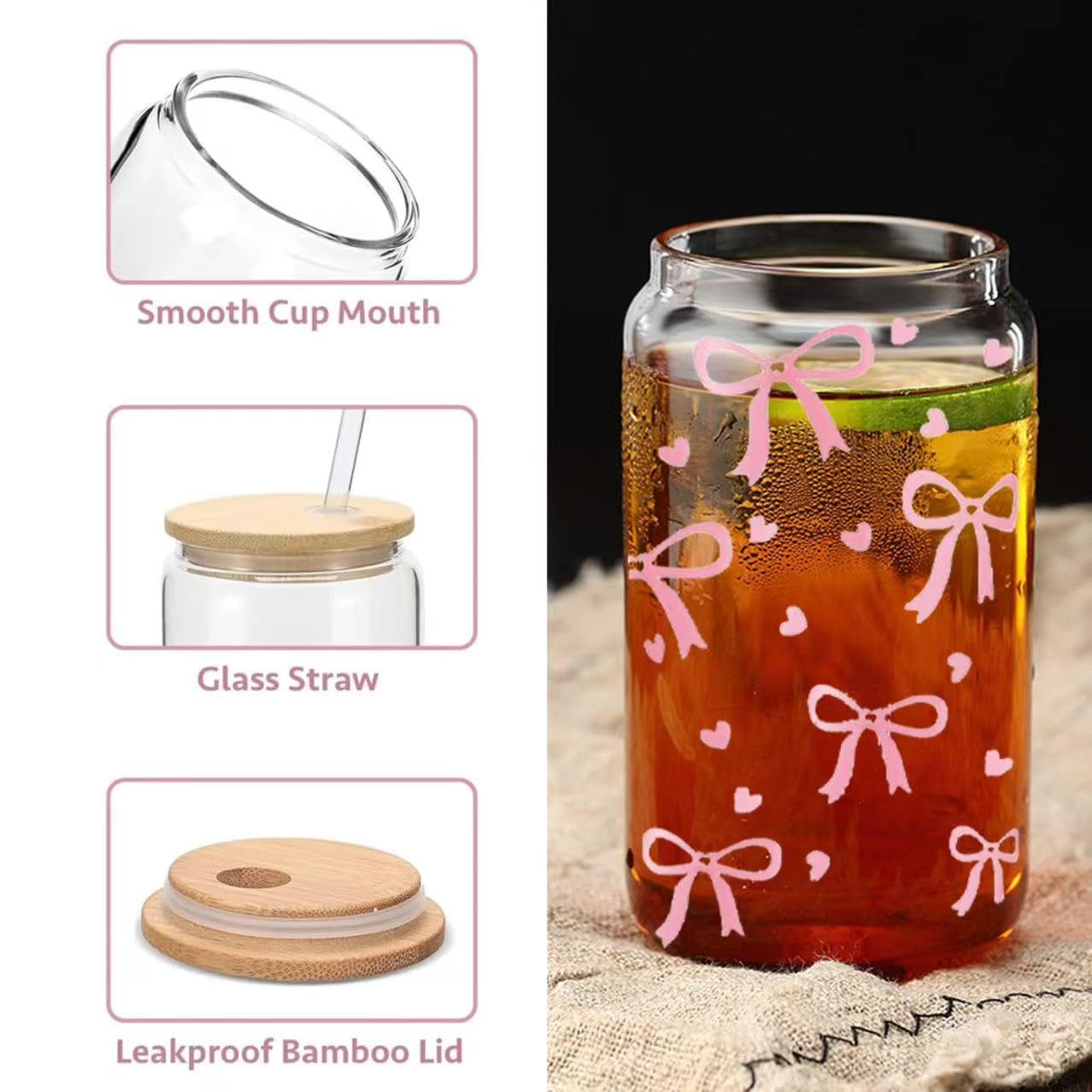 Bicchiere In Vetro Borosilicato Con Fiocco Rosa 500ml - Coperchio In Bambù E Cannuccia Di Vetro - 2