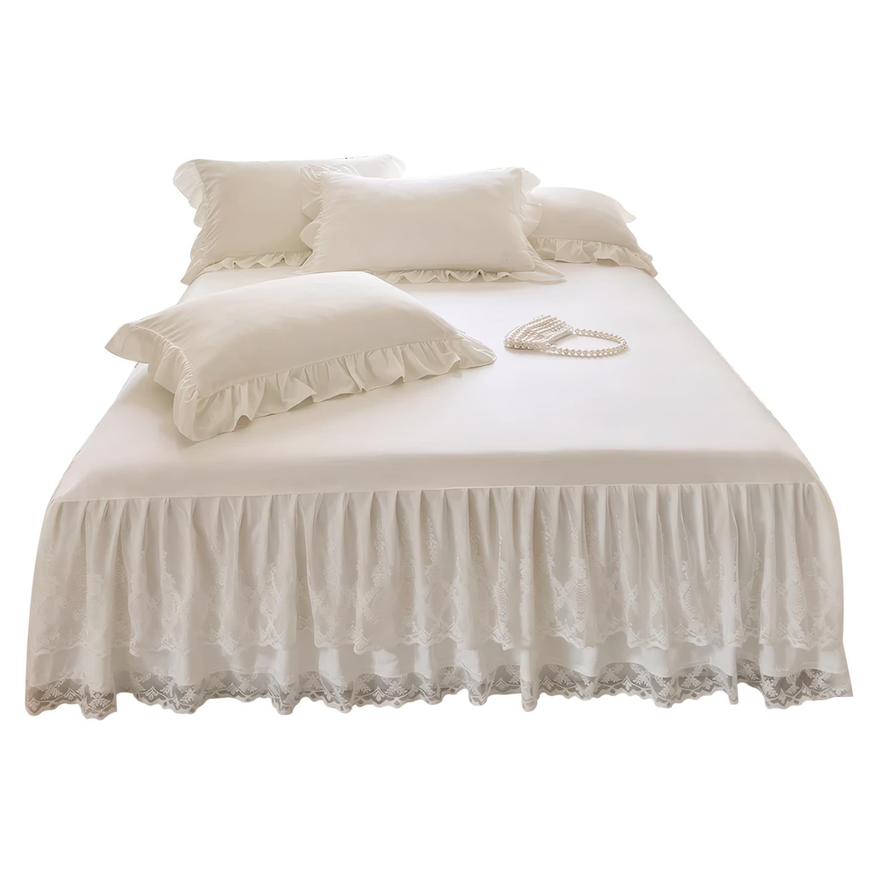 Gonna da letto con volant per letto – Gonna in pizzo a 3 strati con 16 cadute, elegante avvolgente intorno a 59x79'' per nascondere sotto i contenitori