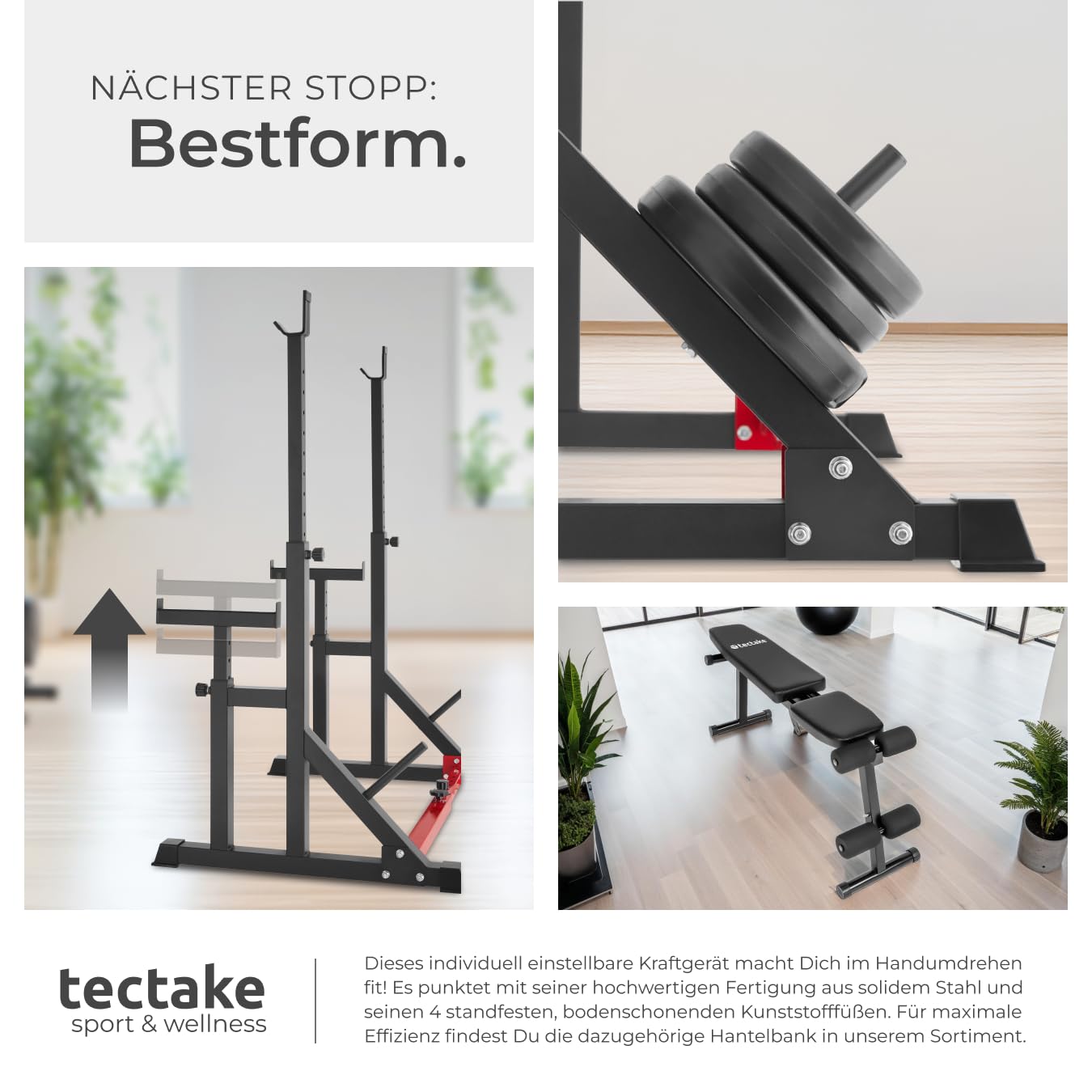 tectake® Squat Rack, Höhe und Breite verstellbare Langhantelablage, Kniebeugenständer mit Sicherheitsablage und Scheibenständer, Langhantelständer für Zuhause Fitness Training Home Gym