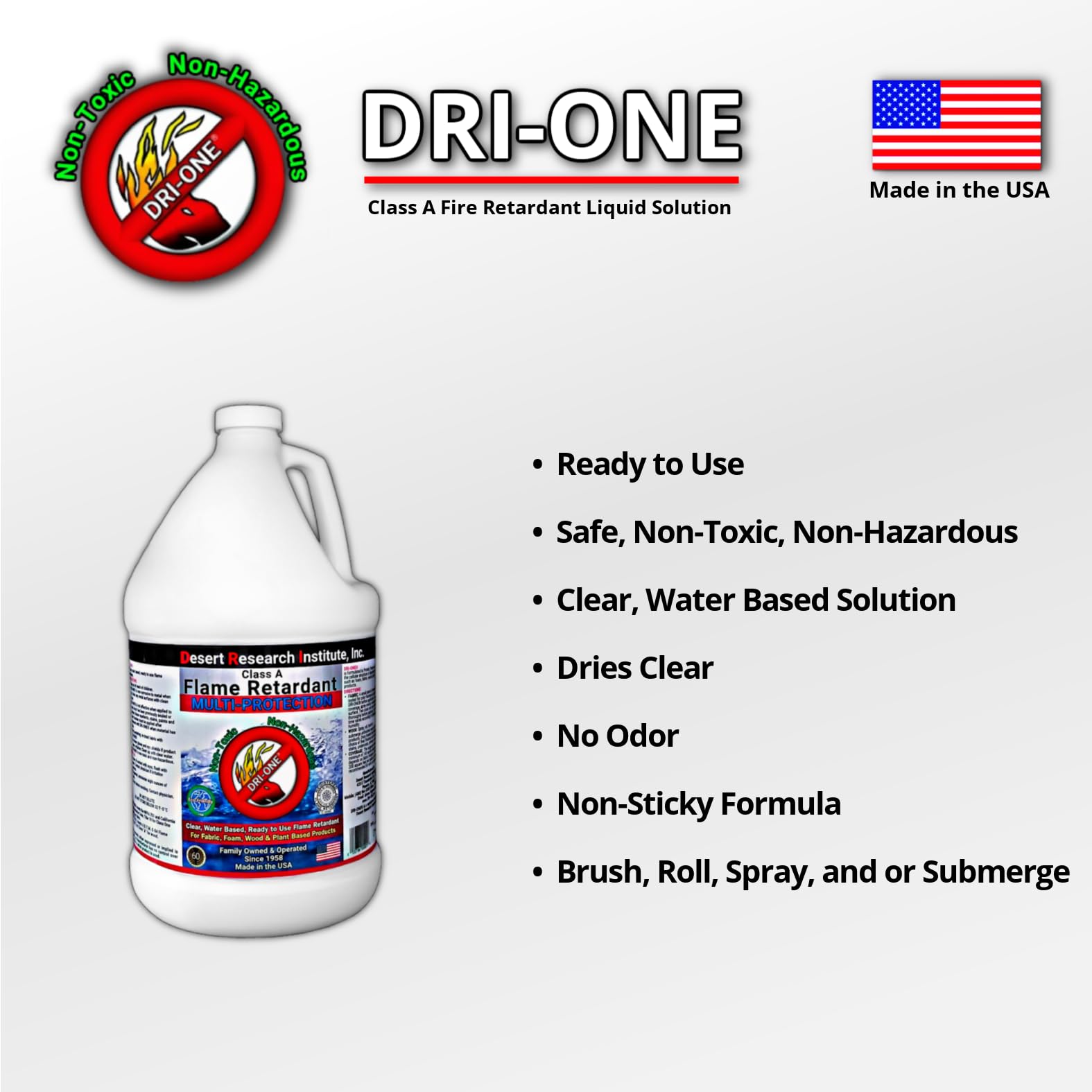 Condition photo showing New/Like New for fire retardant spray liquid solution (class a for fabric, wood, absorbent materials & more) eco-safe, non toxic, c.a.c. title-19, astm e84, dri-one 1 gallon