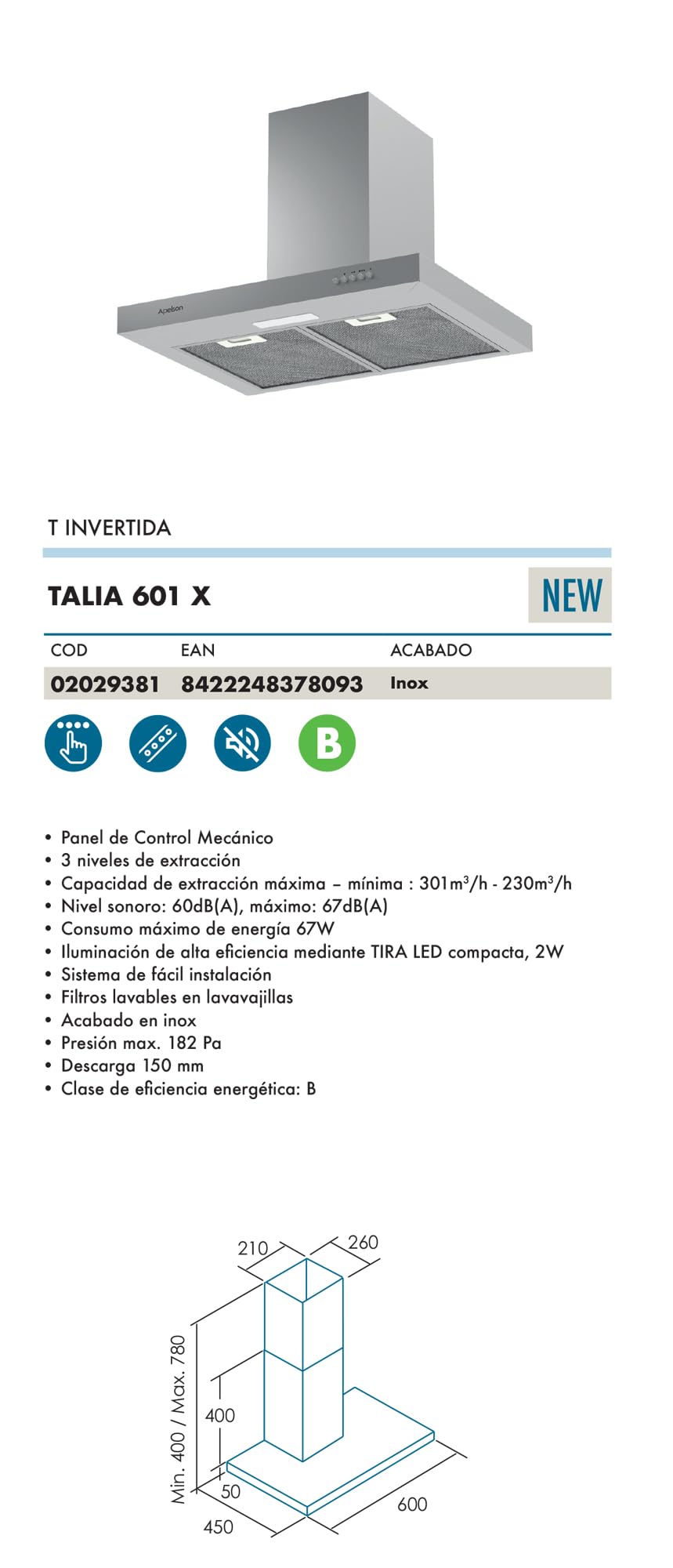 Apelson Campana extractora Cocina TALIA 601 X/A, 3 Niveles, Control Mecánico, Capacidad 301 m3/h, Silenciosa 60 dB, LED, Filtros Lavables, Consumo 67W Acero Inox