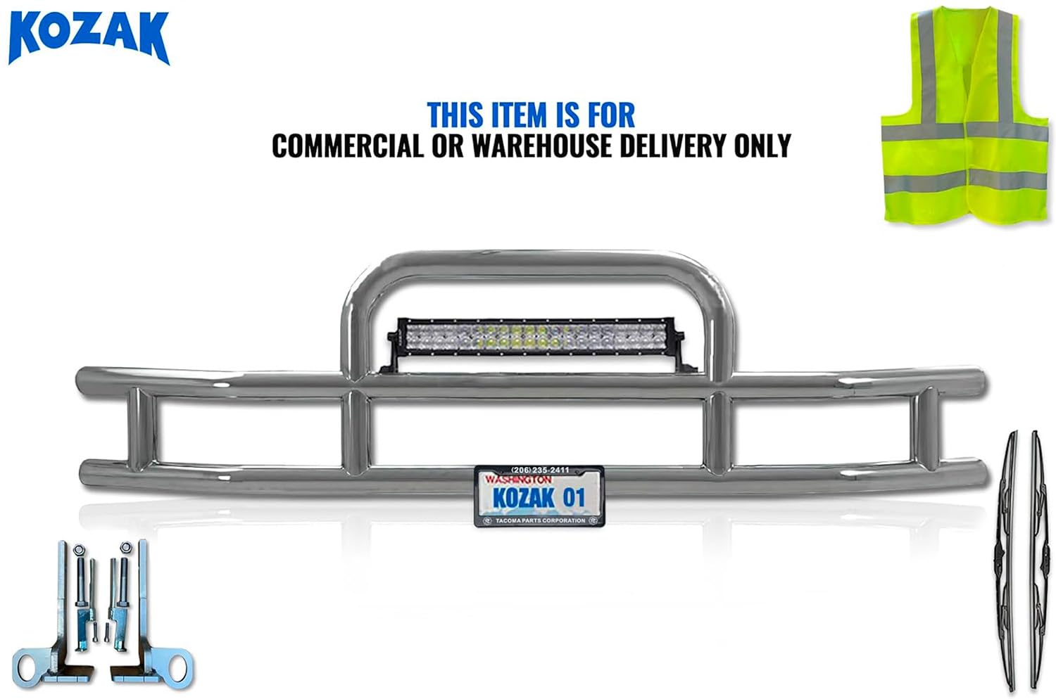 Compatible with Peterbilt 579 2013-2020 Front Bumper Guard. Grille Guard Deer Guard Brush Guards - Round - 22 inch LED bar 120W, Bracket, License plate holder and frame, Windshield wipers, Logo, Vest