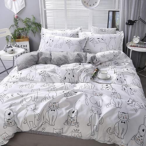 – Lunoroey Cat Duvet Cover Set Double Size Black And White Cartoon Cat Printed And Checkered Double Size Reversible Duvet Cover Set All Season Bedding Set