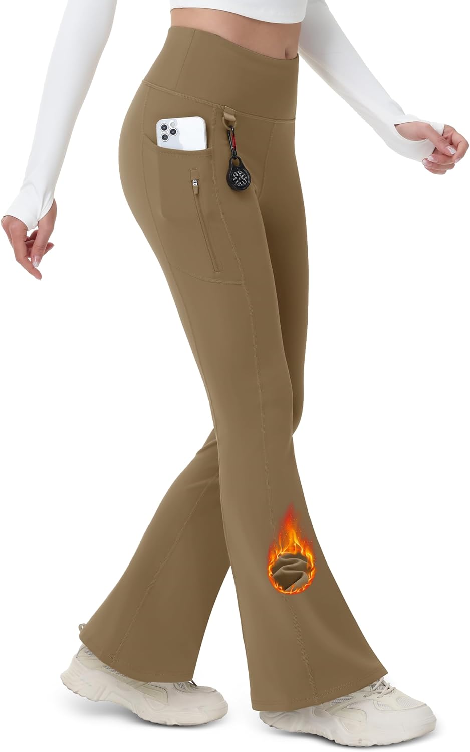 MAGCOMSEN Women's Fleece Lined Flare Leggings Waterproof Insulated Winter Pants Warm Snow Yoga Hiking Bootcut 3 Pcokets