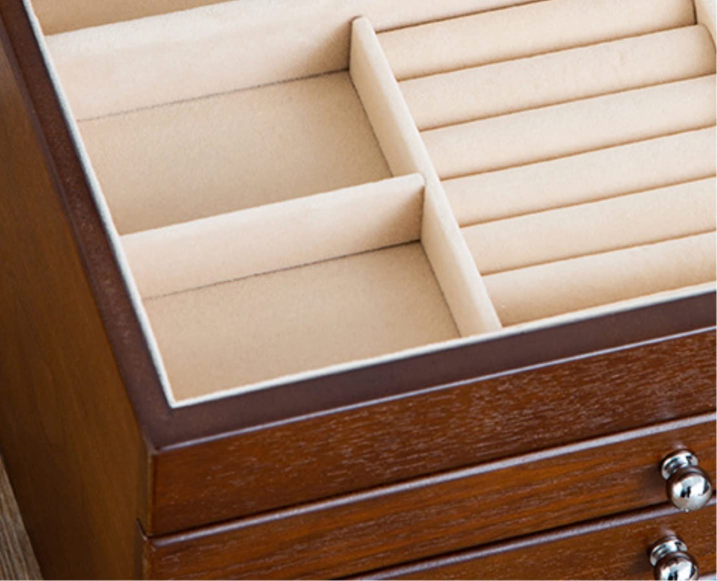 XBTGS Joyero organizador de joyas, caja de almacenamiento con 4 cajones, contenedor organizador con cerradura de terciopelo para anillos, collares, aretes, joyeros, joyeros, marrones, 31 x 21 pulgadas