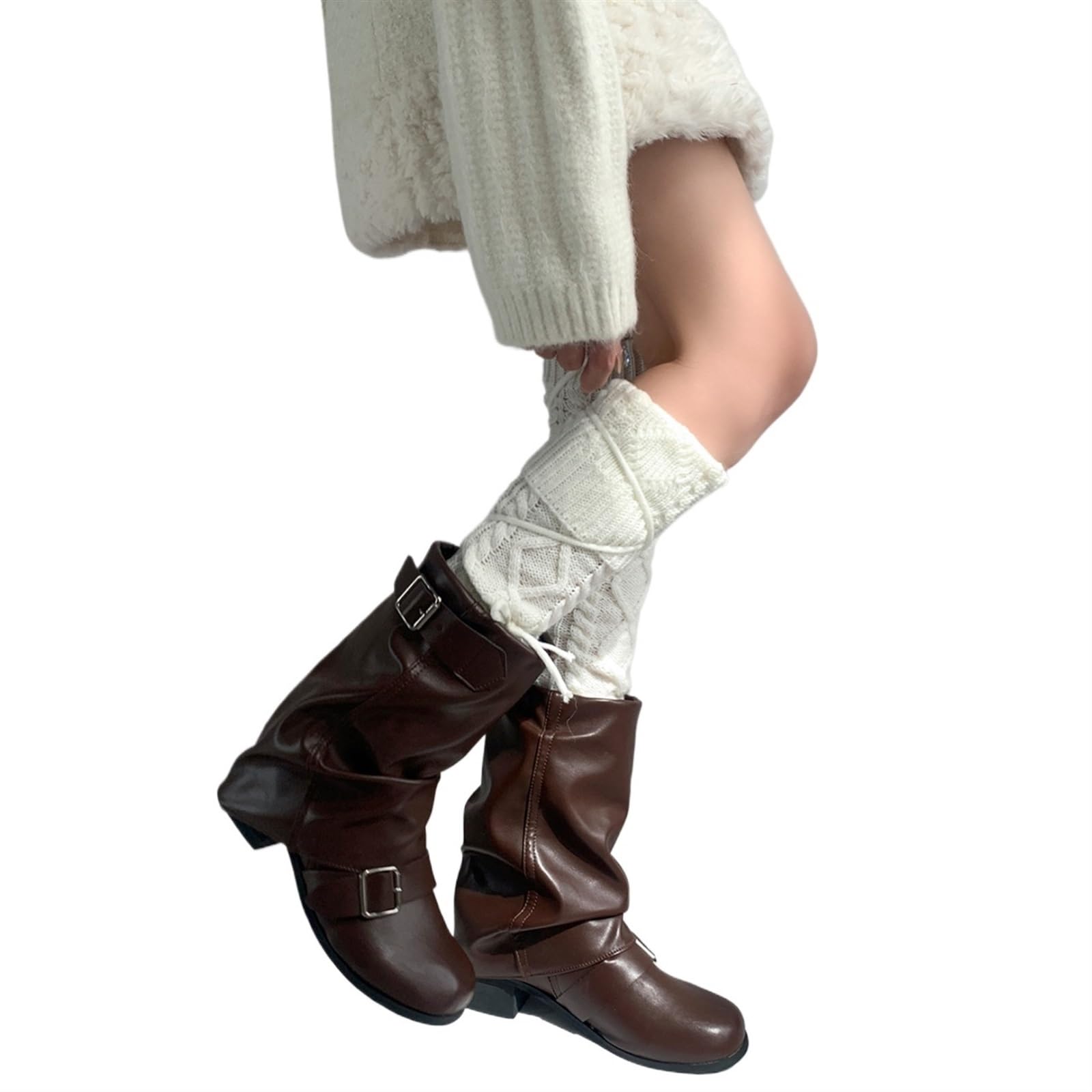 Calentadores Piernas Mujer Calcetines con Cordones Calentadores de piernas de Punto Calcetines de Pantorrilla Gruesos y cálidos de Invierno Cubrepiernas(Khaki)