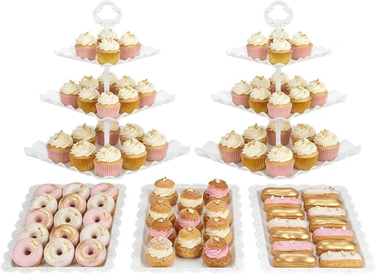 NWK 5 Piece Cake Stand Set with 2 x Large 3-Tier Cupcake Stands, 3 x Appetizer Trays, for Wedding Birthday Baby Shower Tea Party Decorations (White)