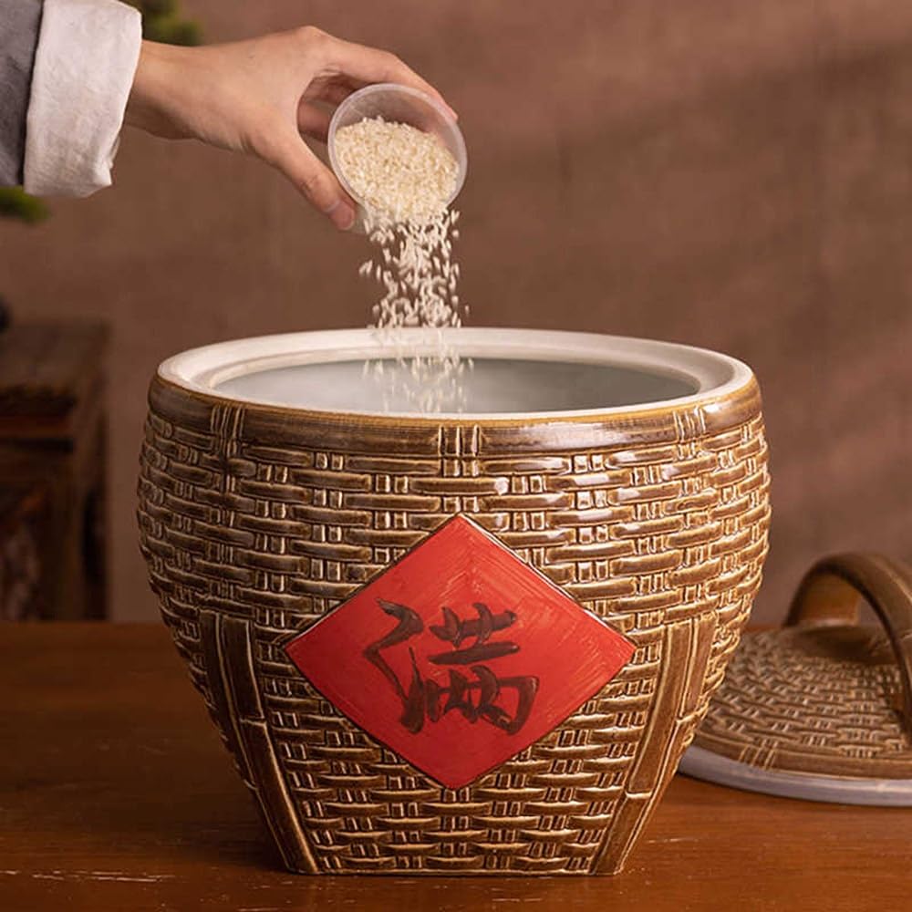 Vaso Per Riso In Ceramica Cinese, Barattolo Di Riso In Ceramica, Contenitore Alimenti, Dispenser Di Cereali Grande, Secchio Di Porcellana Per Alimenti Classico(33lbs/15kg)