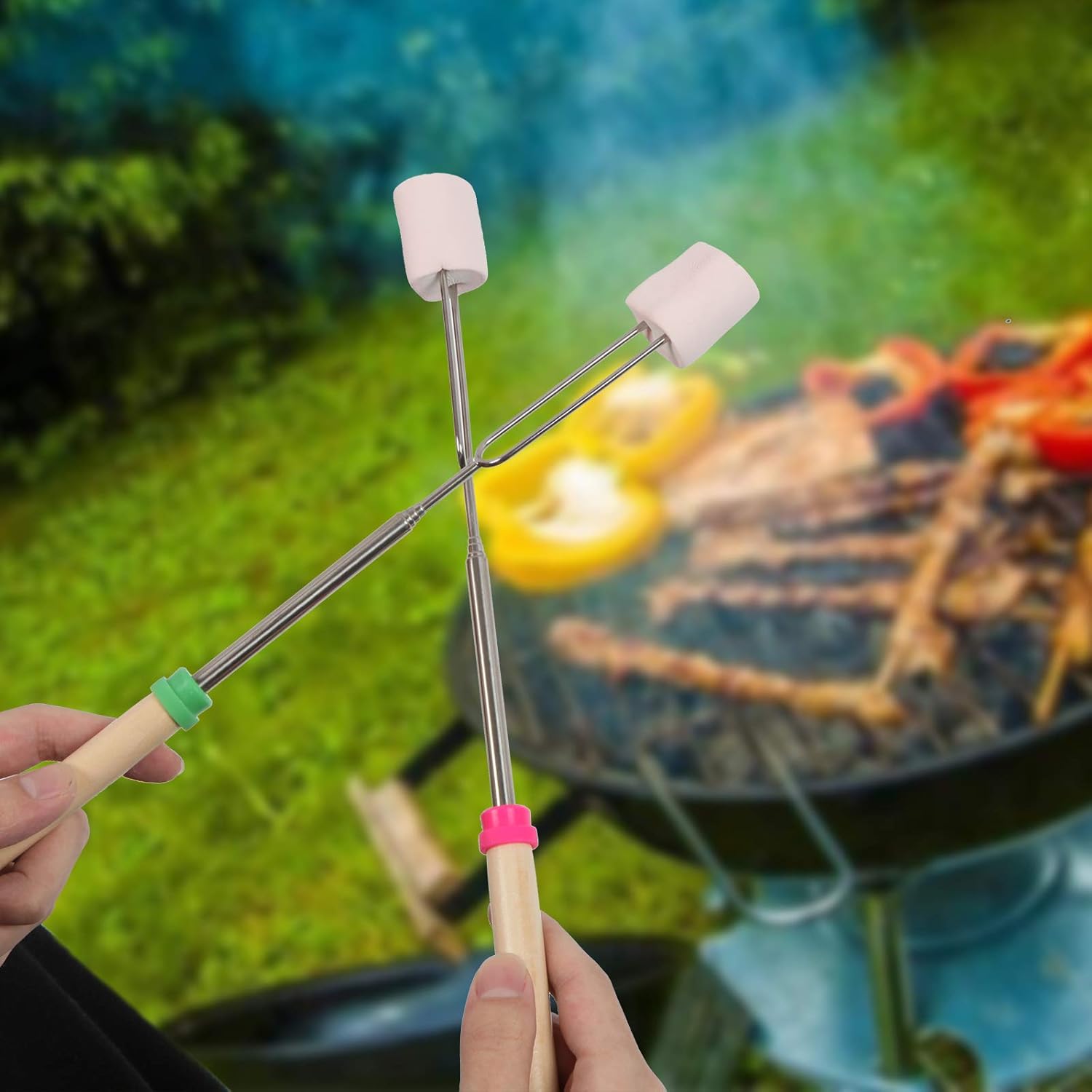 NA Marshmallow Roasting Sticks 32 inch 8 Pcs Smores Skewers Barbecue Extendable Forks with Portable Bag, Hot Dog Roasting Sticks for Campfire Camping Bonfire and Grill : Patio, Lawn & Garden