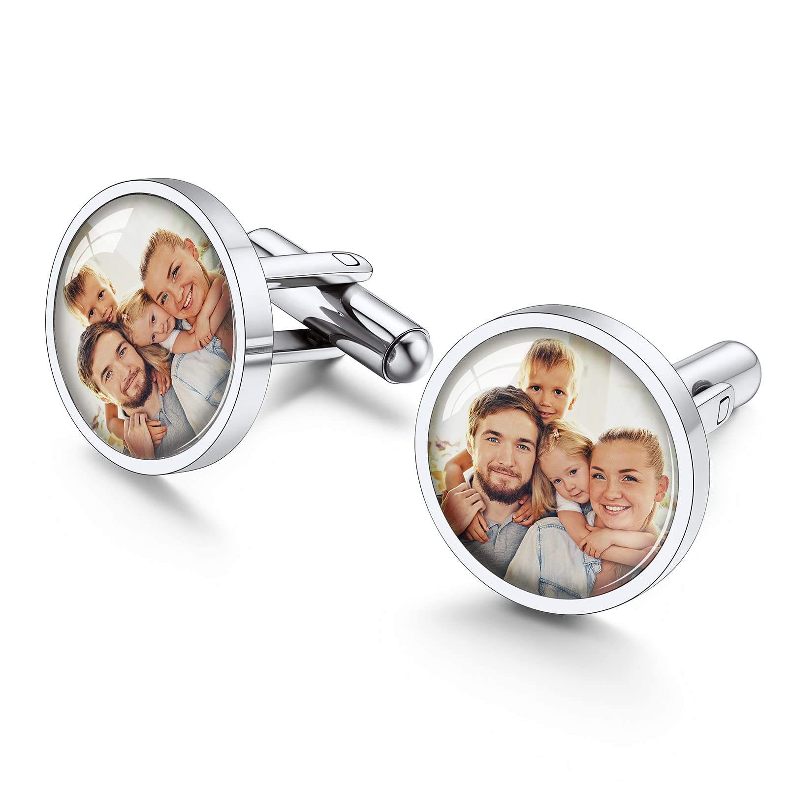 PROSTEEL Un Par de Gemelos Camisas Metal Poner Foto Letras para Padre Hijo Caballero Mujer, Cufflinks Gemelos Personalizables de Boda Trabajo, Viene con Caja de Regalo